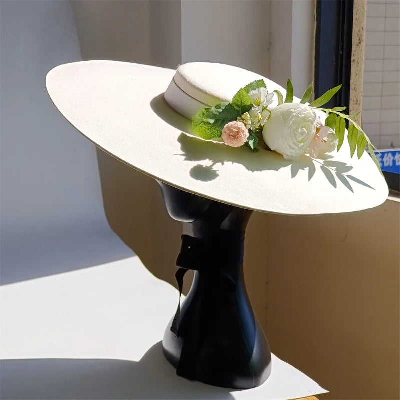 Cherub Sunday Best Easter Sunday satisfaction/Bridal Hat White Simulation Flower Wool Hat Removable Flat Top Female Spring/Winter Strap Included
