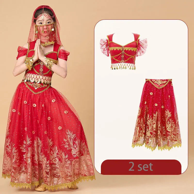 Kids India Princess Belly Dance Set Children  Oriental Indian Dance Sari Girl Performance Costume Bollywood Stage Outfit
