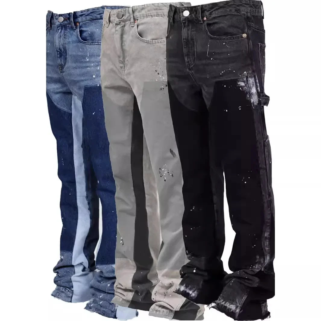 ALLUKASA 2025 Men's Fashion Jeans Work Pants European and American Fashion Workwear Elastic Patchwork Denim Layered Flared Pants
