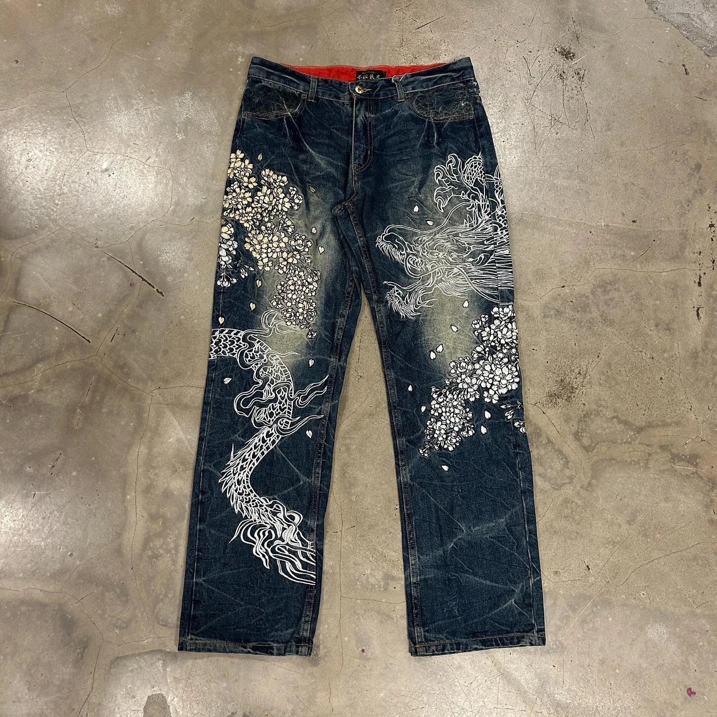 Harajuku Japanese Jeans Mens New Dragon High Quality Jeans  Vintage Hip Hop Urban Denim Fabric Wide Leg pants