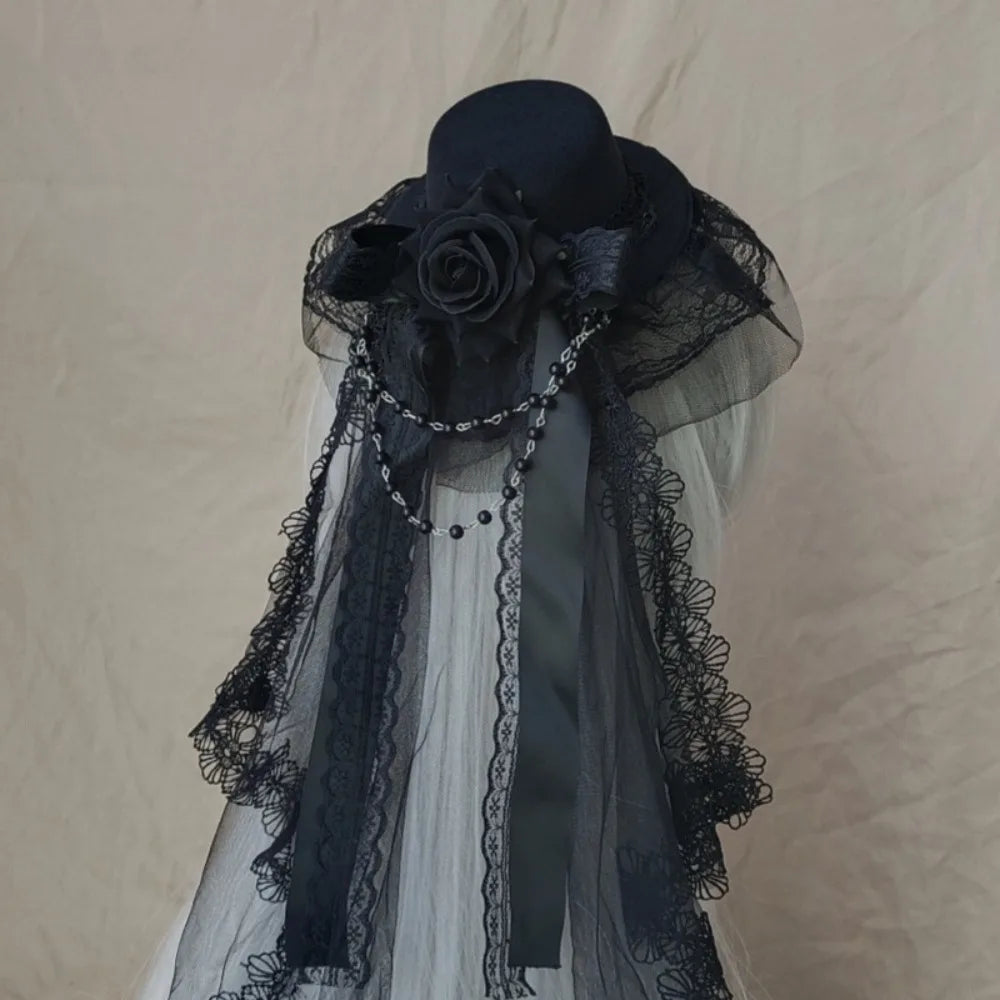 Cherub Flowers Bow Decor Funeral Home Going /Wedding Veil Rose Top Hat Black or White Cosplay Costume Lolita Headdress