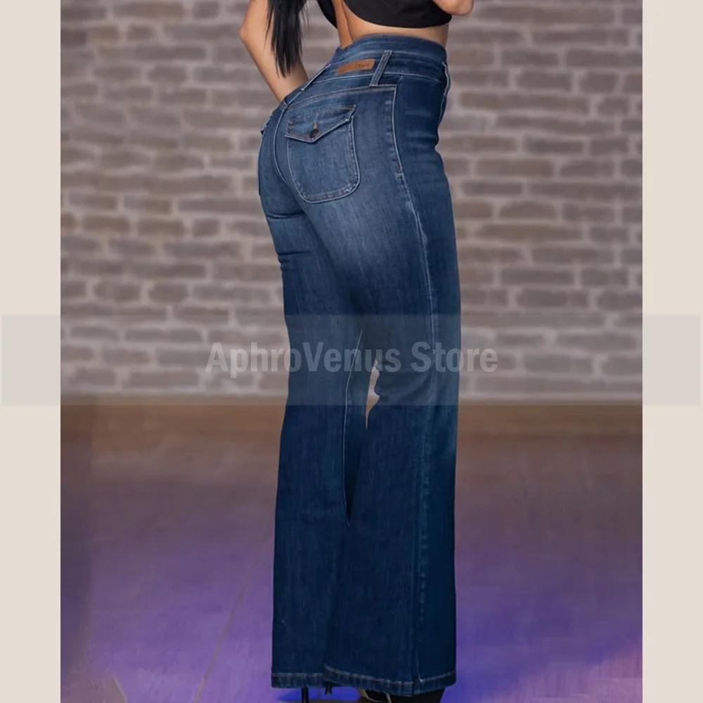 2025 Women High Waist Flared Jeans High Street Y2k Blue Denim Bell Bottom Trousers Elastic Butt-lifted Jeans