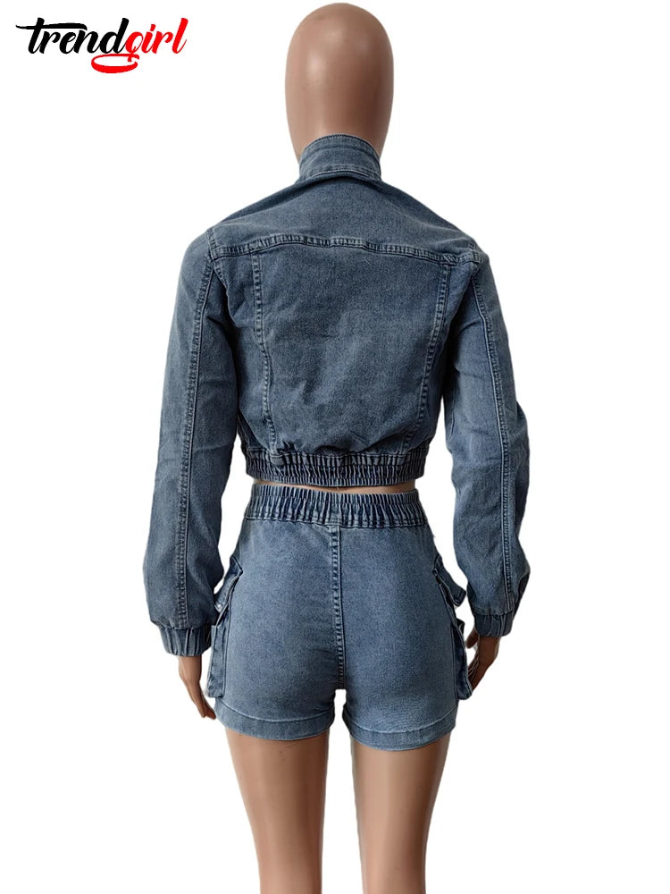 Cherubgirl Stretch Denim Long Sleeve Two 2 Pieces Set Women‘s Streetwear Jacket Crop Tops and Shorts Jean Matching Suit Urban wear.
