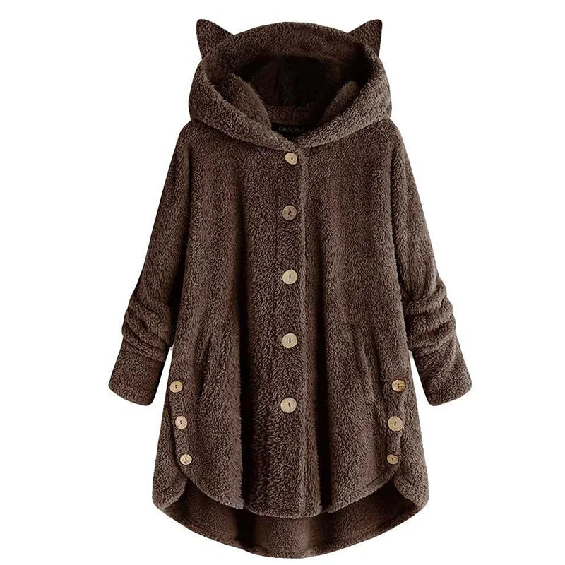 Cherub Button Hooded Cat Ear Plush Top   Jacket for Women