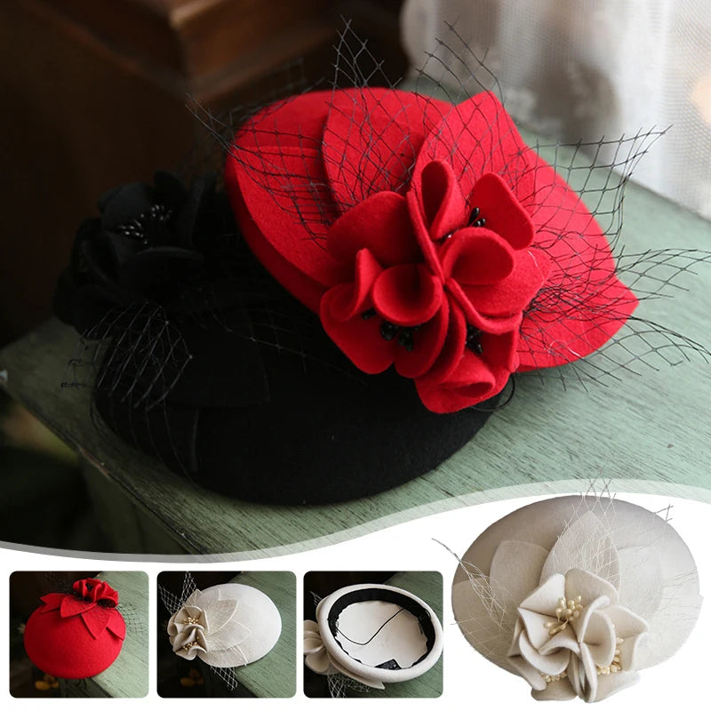 Cherub Autumn Winter Women Wool Cashmere Beret Style Hat Fascinator Flower Hat Lady classy Bow Beret Headwear