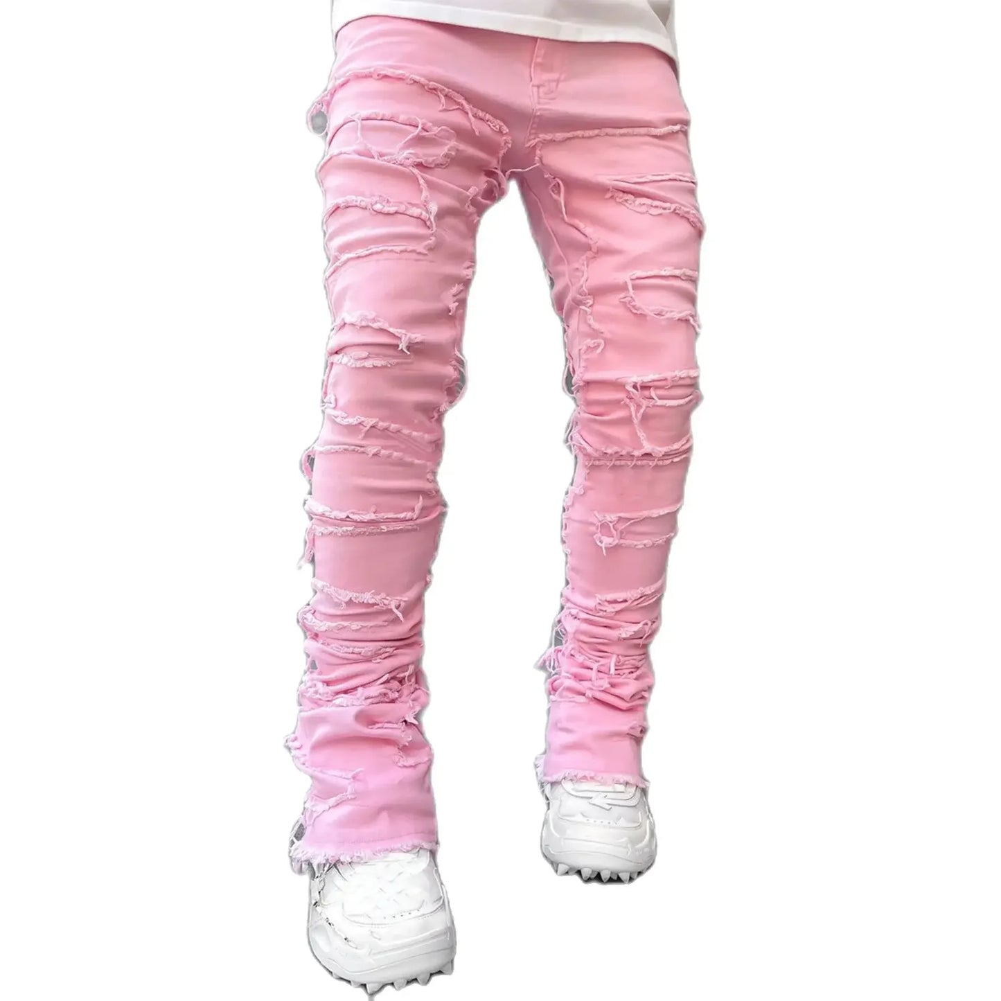 Urban Stacked Men's Regular Fit Jeans Ripped Slim Fit Patch Distressed Destroyed Straight Denim Pants Hip Hop Trouser Cloth