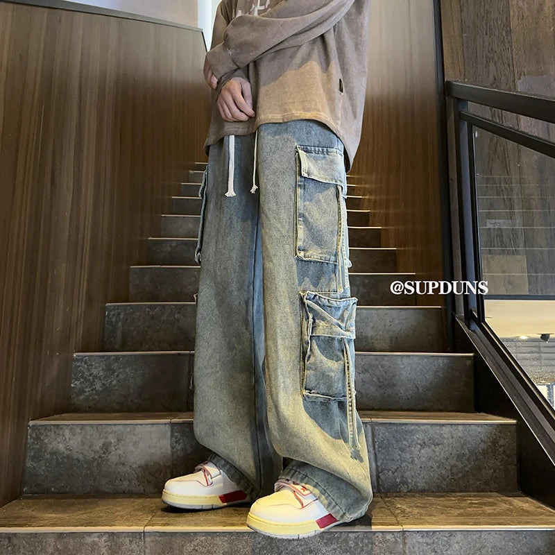Men's Jeans Hip-hop Fashion Wide-leg Denim Pants Retro Baggy Trousers High Urban Multi-pocket Jeans Male Streetwear