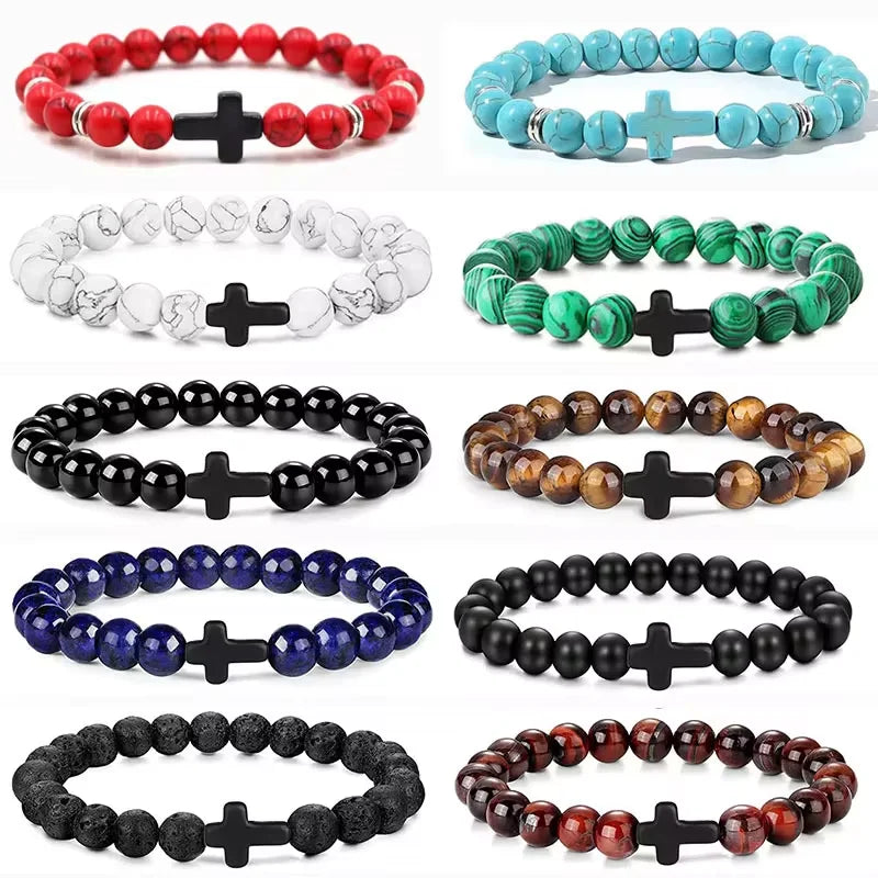 Prayer Men & Women Natural Stone Wood Beads Rosary Hematite Cross Onyx Meditation Bracelets. Spiritual Jewelry.
