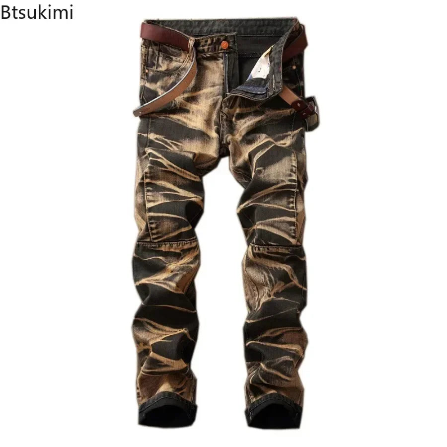 2026 Men's Fashion Vintage Jeans Slim Straight Leg Tie Dye Pleated Biker Denim Pants Male Casual Pants Oversized 42 High Quality