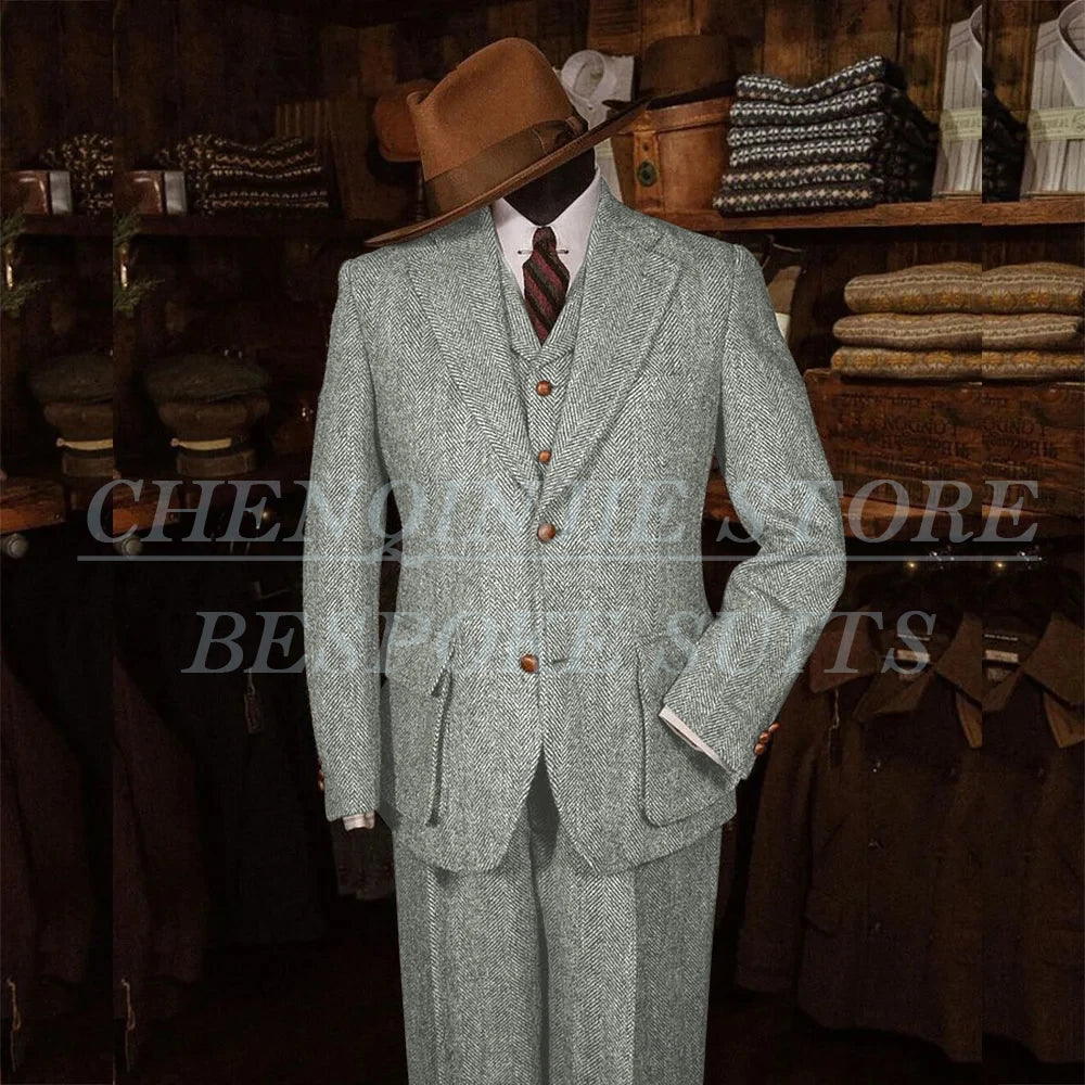 Elegant Tweed Men's Suits for Winter Single Breasted Notch Lapel Slim Fit Male Clothing High Quality 3 Piece Jacket Pants Vest