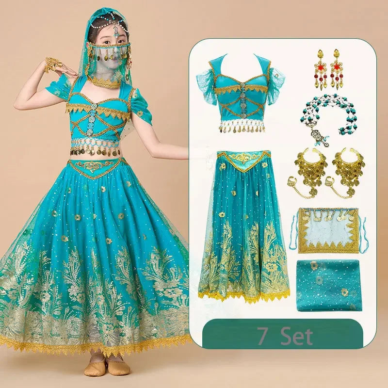 Kids India Princess Belly Dance Set Children  Oriental Indian Dance Sari Girl Performance Costume Bollywood Stage Outfit