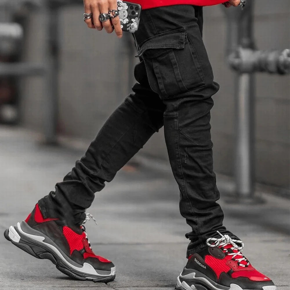 Urban Elastic Jeans Men Denim Cargo Pants Wash Solid Color Multi Pockets Casual Mid Waist Trousers Slim Fit Joggers