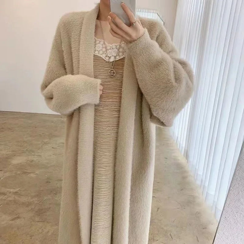 Cherub white Long Cardigan for women 2024 winter clothes Knitted fluffy long sleeve Cashmere sweater
