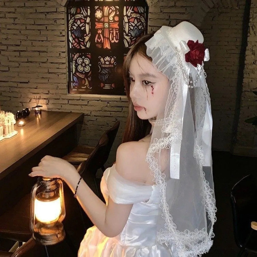 Cherub Flowers Bow Decor Funeral Home Going /Wedding Veil Rose Top Hat Black or White Cosplay Costume Lolita Headdress
