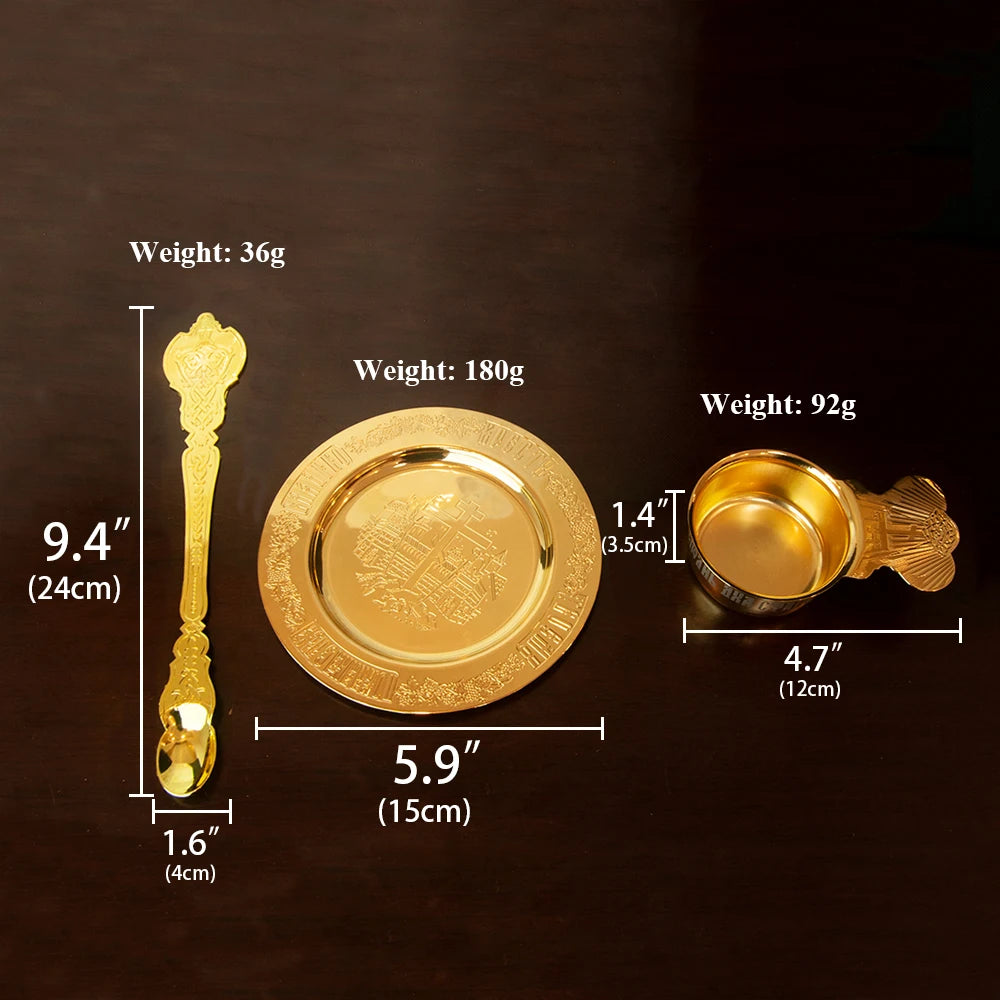 HTISOK New 2026 Eastern Orthodox Holy Oil Ritual Supplies Gold Plated Metal Utensils Corpus Christi Plates Mass Supplies SetGift