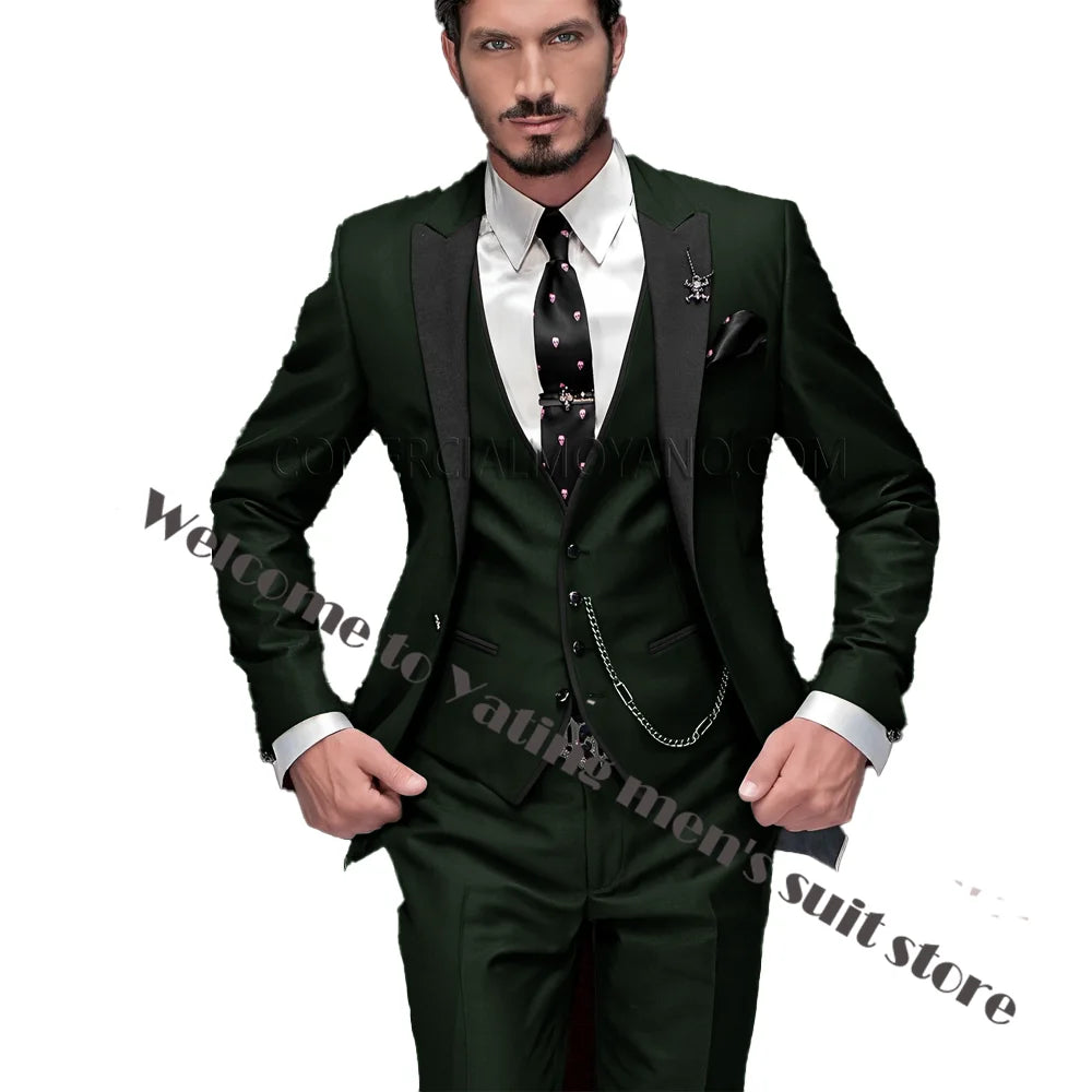 2024 New Men's Suit Wedding Tuxedo Groom Jacket Pants Vest Three-piece Set Elegant Men Blazer Wine Red Formal Outfit
