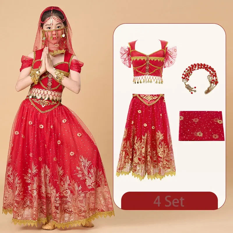 Kids India Princess Belly Dance Set Children  Oriental Indian Dance Sari Girl Performance Costume Bollywood Stage Outfit