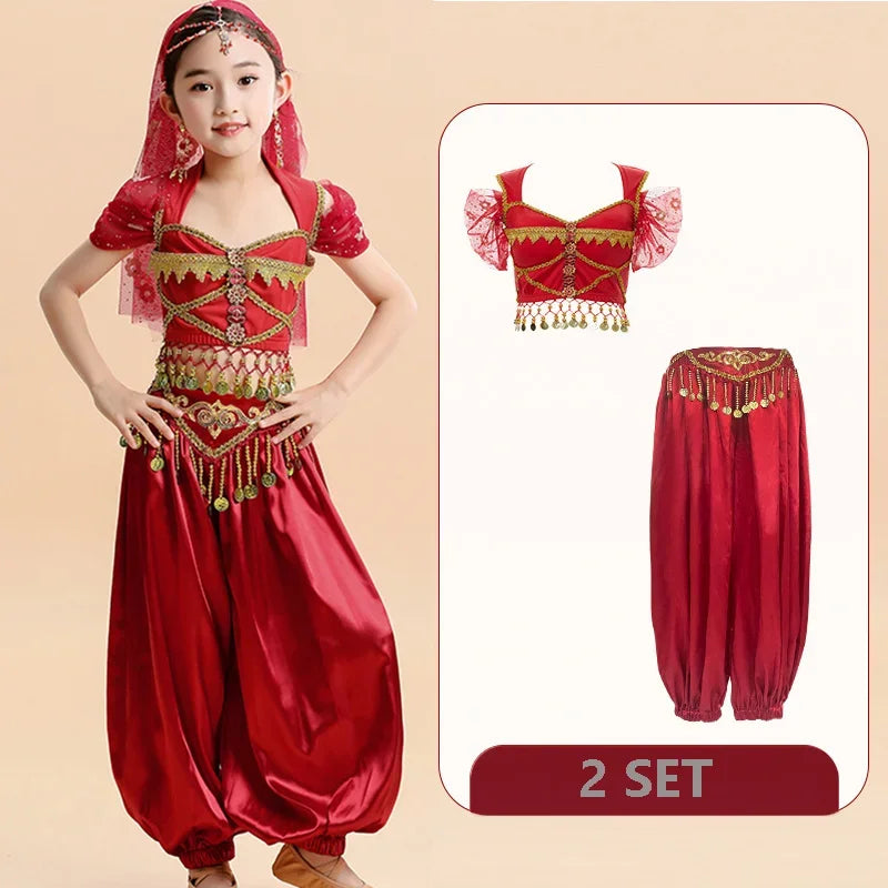 Kids India Princess Belly Dance Set Children  Oriental Indian Dance Sari Girl Performance Costume Bollywood Stage Outfit