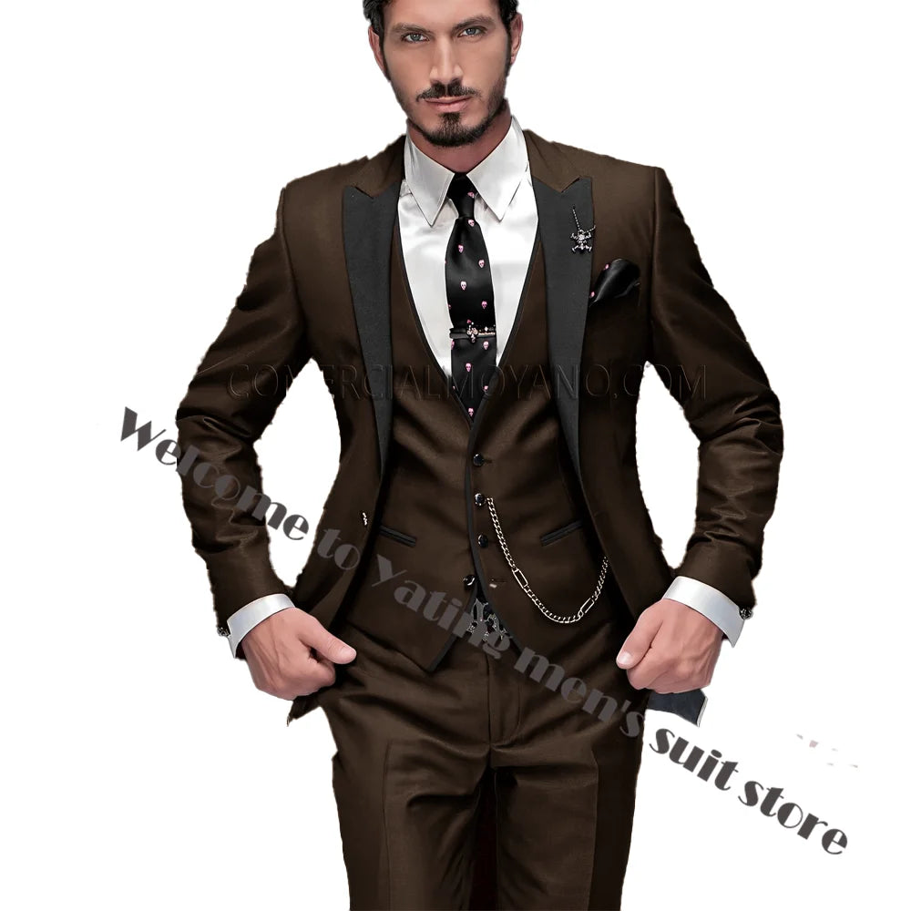 2024 New Men's Suit Wedding Tuxedo Groom Jacket Pants Vest Three-piece Set Elegant Men Blazer Wine Red Formal Outfit
