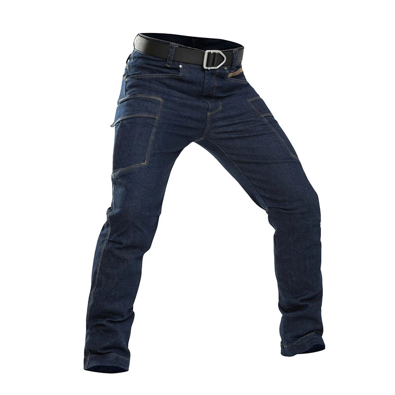 Men's Spring Combat Cargo Jeans Tactical Solid Long Trousers Casual Motorcycle Denim Biker Jeans Stretch Multi Pockets Pants