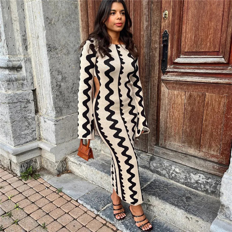 Cherub Vintage Wave Print Knitted Long Women's Dress.