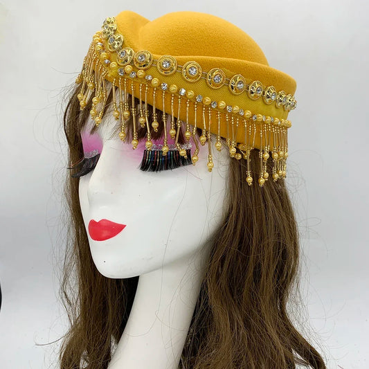 Cherub Church Derby Fascinator With Tassels Lady Beret Caps Airline Stewardess style African Headwear Vintage Felt Turban Hat For Women