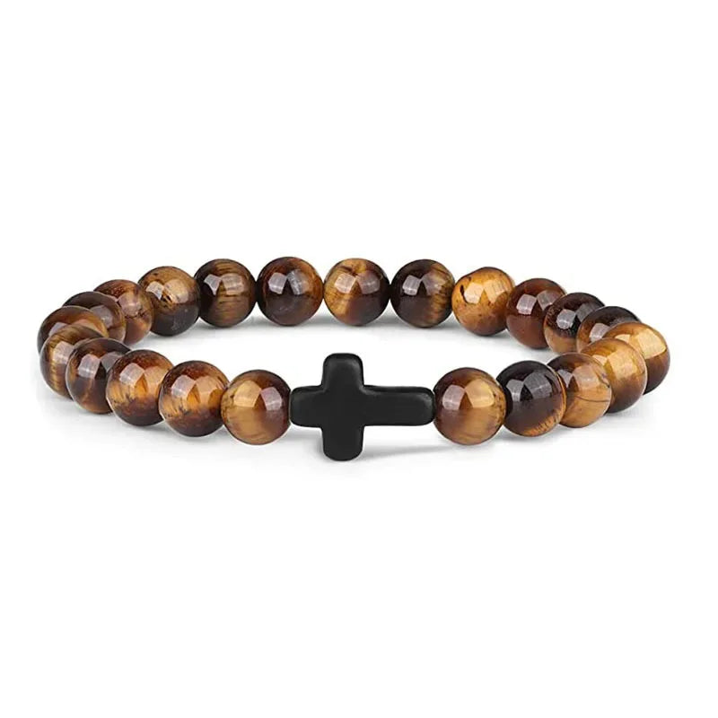 Prayer Men & Women Natural Stone Wood Beads Rosary Hematite Cross Onyx Meditation Bracelets. Spiritual Jewelry.