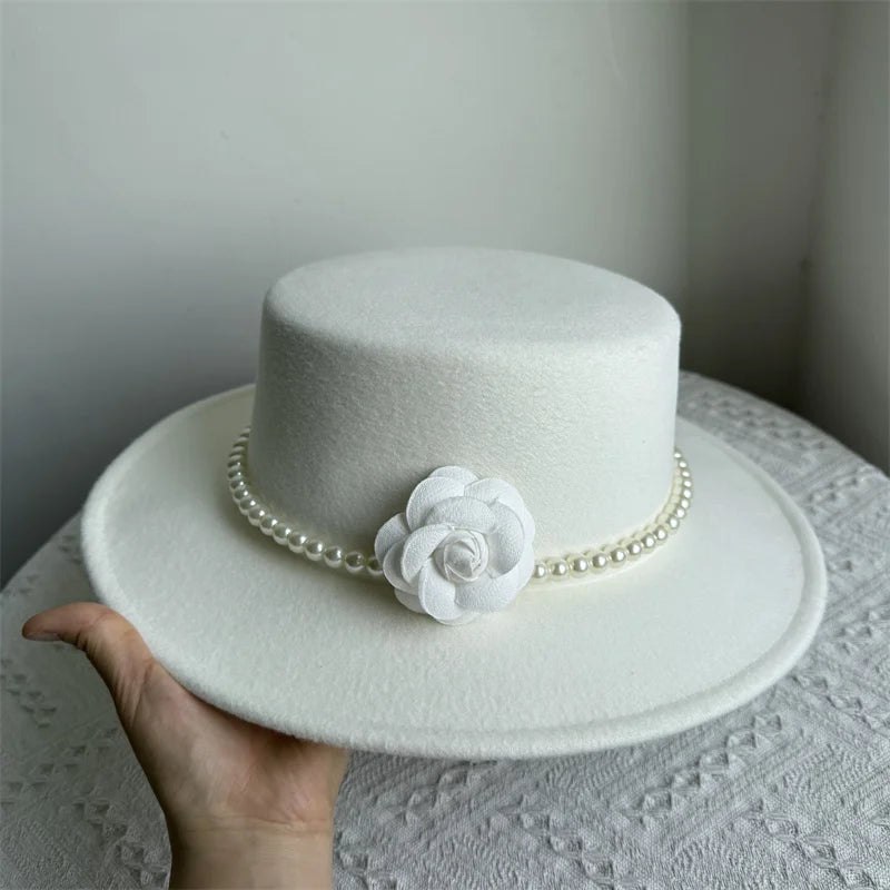 Cherub French Big Brim organza /Church Hat Women Elegant Flat-top Fedora Hat.