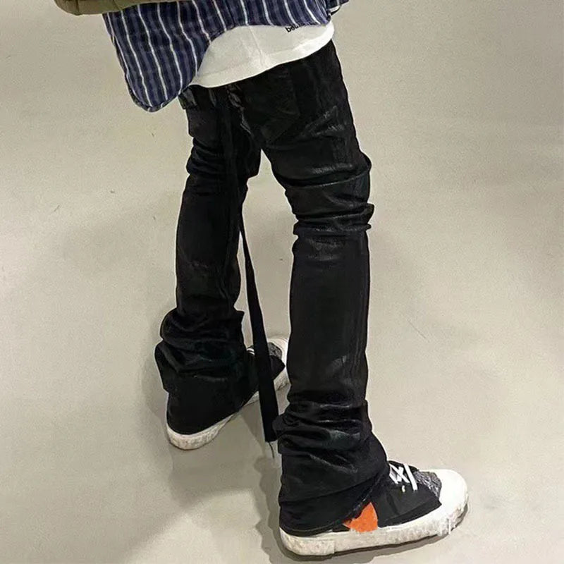 Men‘ Owen's Seak Oil wax Jeans Classic Denim Urban Rock Coated Casual Flared Trousers High Street Solid Designer luxury Pants