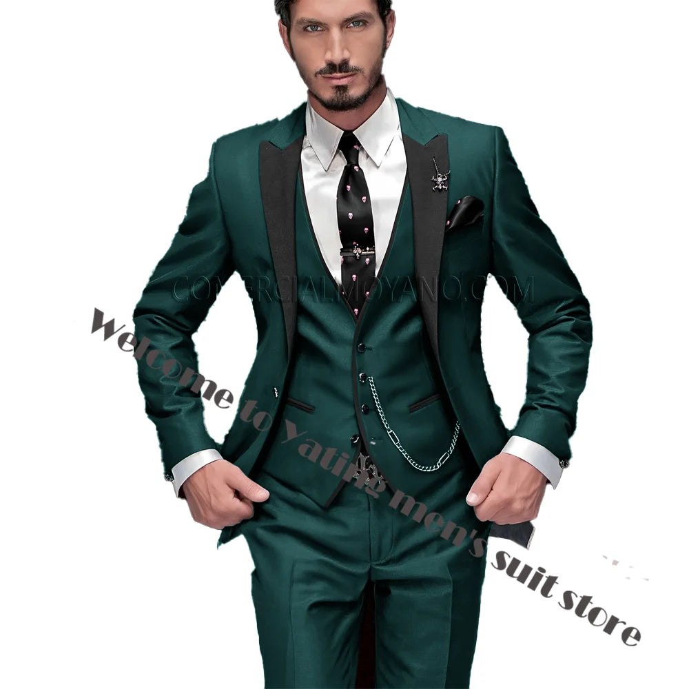 2024 New Men's Suit Wedding Tuxedo Groom Jacket Pants Vest Three-piece Set Elegant Men Blazer Wine Red Formal Outfit