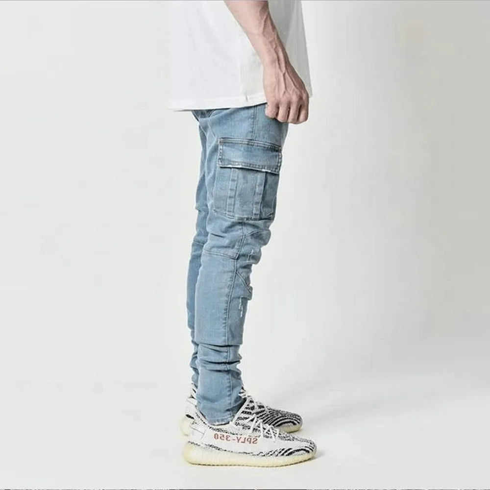 Urban Elastic Jeans Men Denim Cargo Pants Wash Solid Color Multi Pockets Casual Mid Waist Trousers Slim Fit Joggers