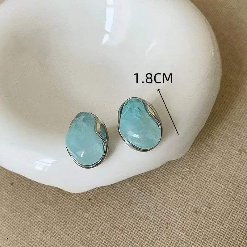 Irregular Smudging Resin Blue Jelly Ice Cute Geometric Bean Stud Earrings for Women Unique Jewelry Christmas Gift