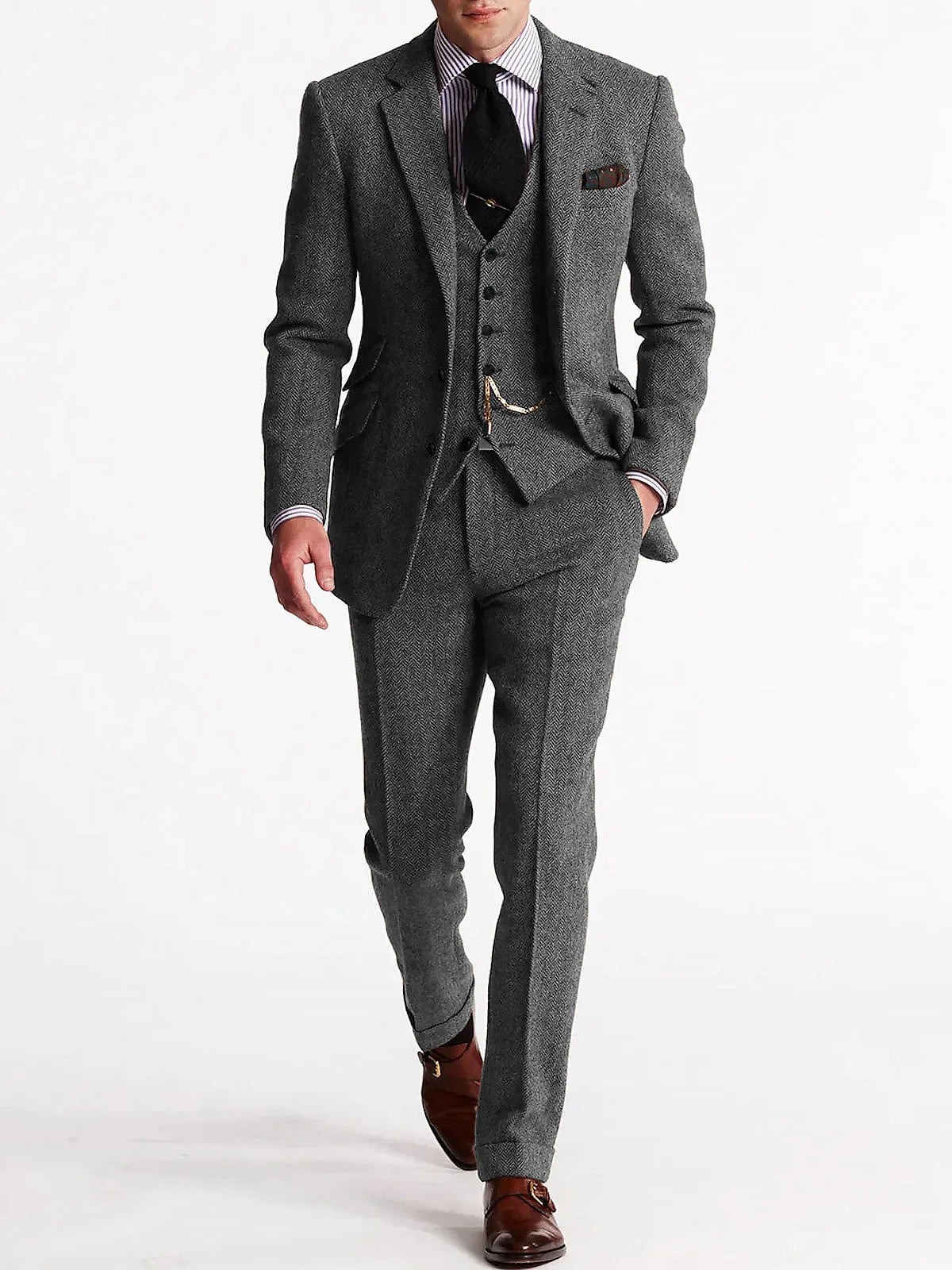 ANNIEBRITNEY Herringbone Tweed Suits for Men Slim Fit Tuxedo Man Suit Set Trajes De Hombre Anzug Herren Custom Made Men Suits
