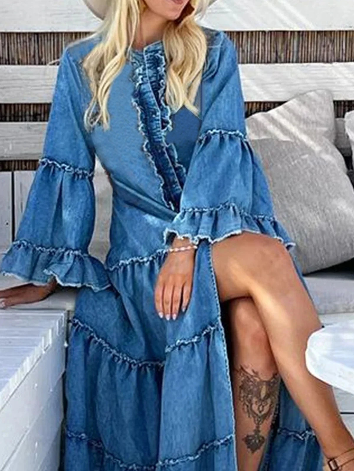 Cherub Women Demin long layered ruffled Sleeve and bottom long Dress.
