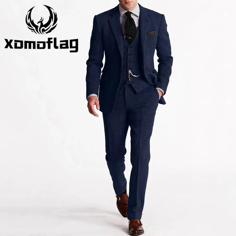  Herringbone Tweed Suits for Men 3 Piece Set Double-Breasted Slim Fit Tuxedo Size Man Suit Set Custom Made Men Fashion Suits