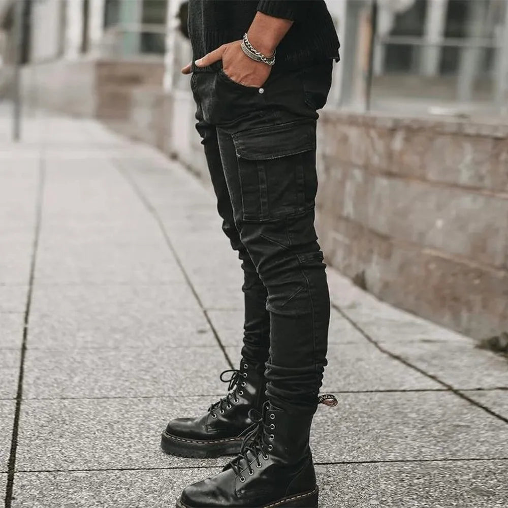 Urban Elastic Jeans Men Denim Cargo Pants Wash Solid Color Multi Pockets Casual Mid Waist Trousers Slim Fit Joggers