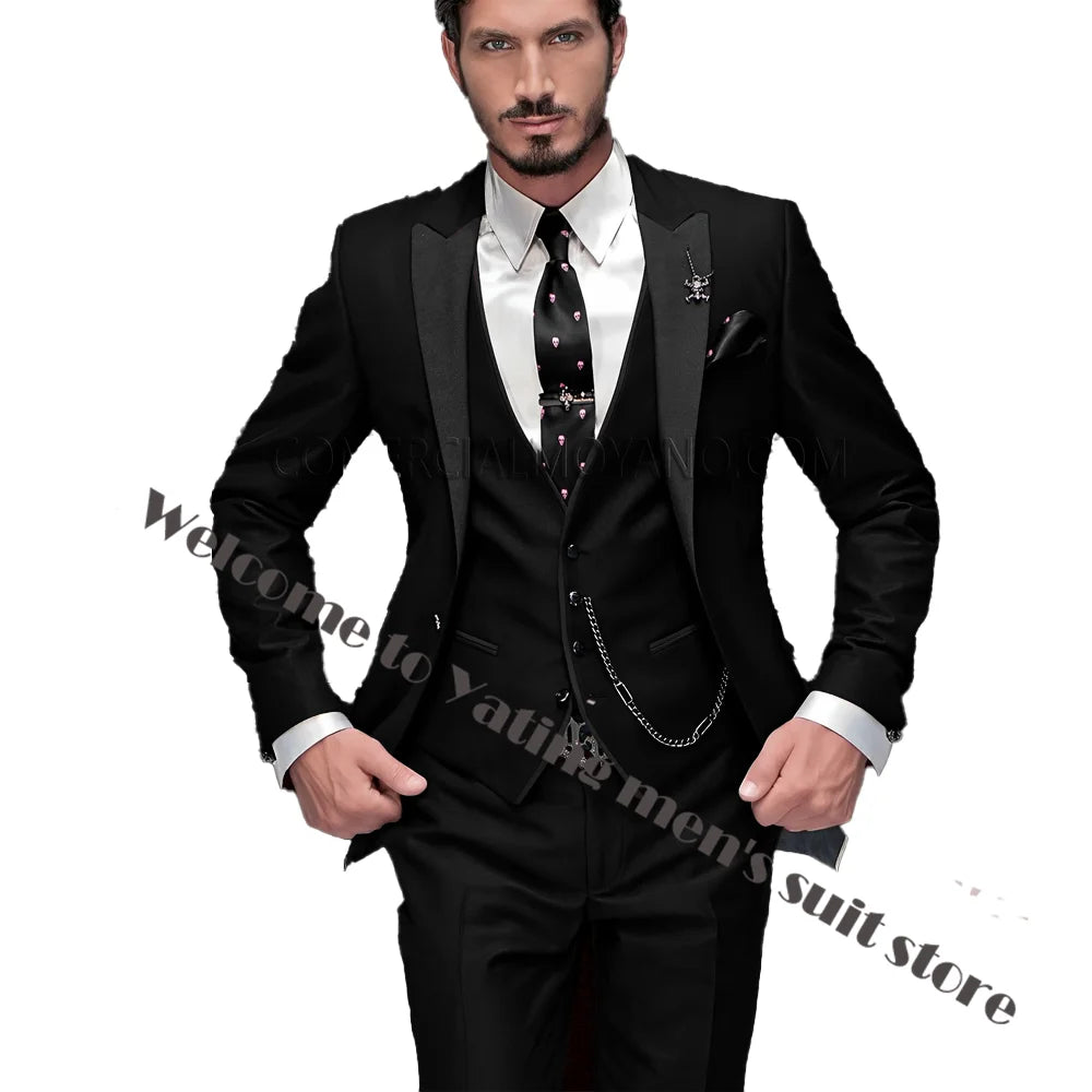 2024 New Men's Suit Wedding Tuxedo Groom Jacket Pants Vest Three-piece Set Elegant Men Blazer Wine Red Formal Outfit