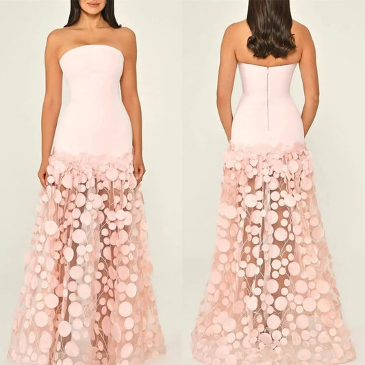 Cherub Customized  See Through Pink Jersey Evening Dress Exquisite Strapless Appliques Contrast Color Zipper Back Customized Vestido De