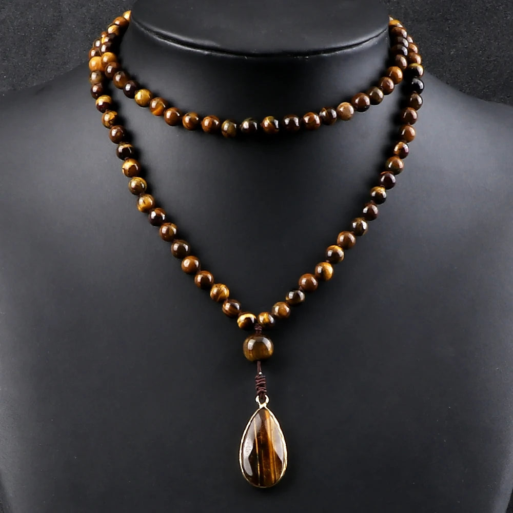 Men 108 Mala Beads Necklaces 6mm Natural Tiger Eye Stone Onyx Beads Prayer Necklace Drop Pendant Women Yoga Jewelry Gift