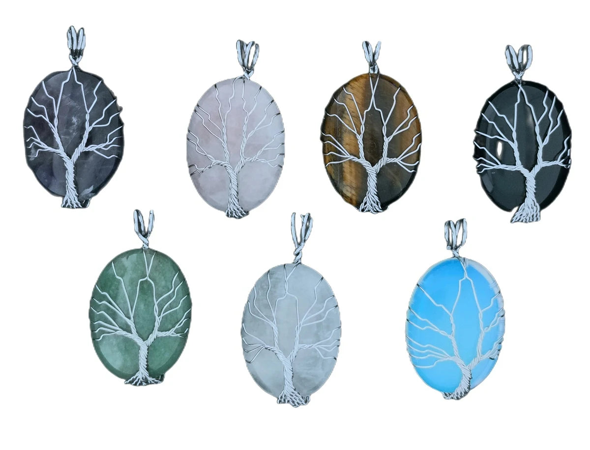 Cherub Silver Tree of life Wire Wrap Green Aventurine Pendant Necklace 18" Cord Spiritual