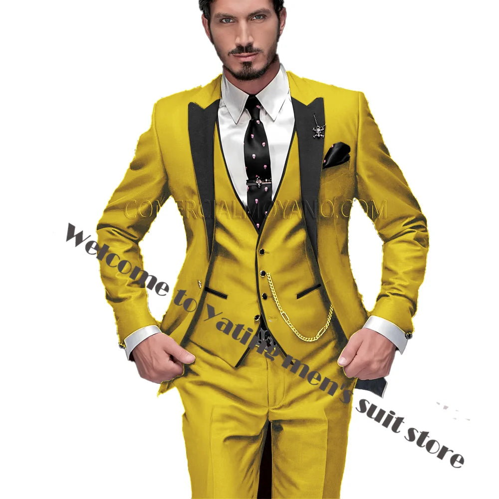 2024 New Men's Suit Wedding Tuxedo Groom Jacket Pants Vest Three-piece Set Elegant Men Blazer Wine Red Formal Outfit