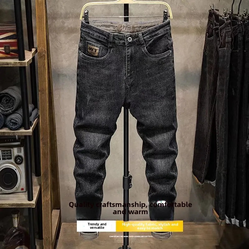 Elastic Slim Fit Men's Jeans High Waist Cotton Stretch Denim Autumn Winter Casual Long Pants Youth Fashion Trend