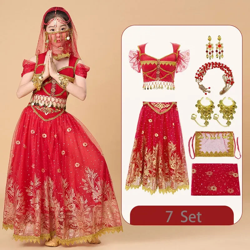 Kids India Princess Belly Dance Set Children  Oriental Indian Dance Sari Girl Performance Costume Bollywood Stage Outfit