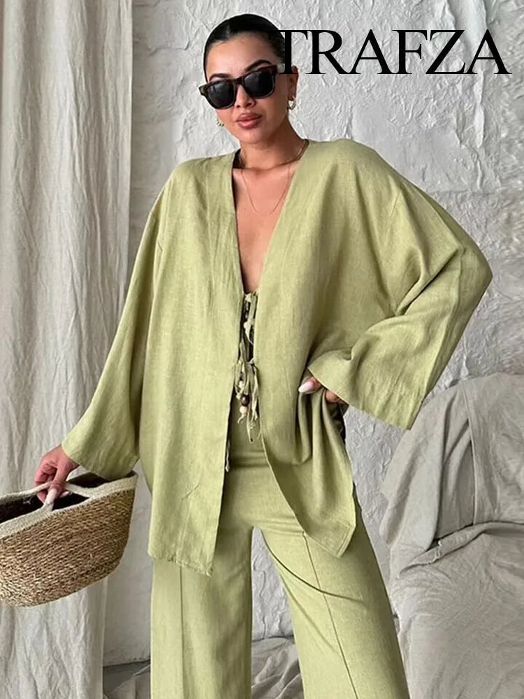 Cherub Women 2 Piece Set Fashion V-Neck Long Sleeved Lace-Up Cotton And Linen Kimono Jacket Elastic Waist Linen Pants.