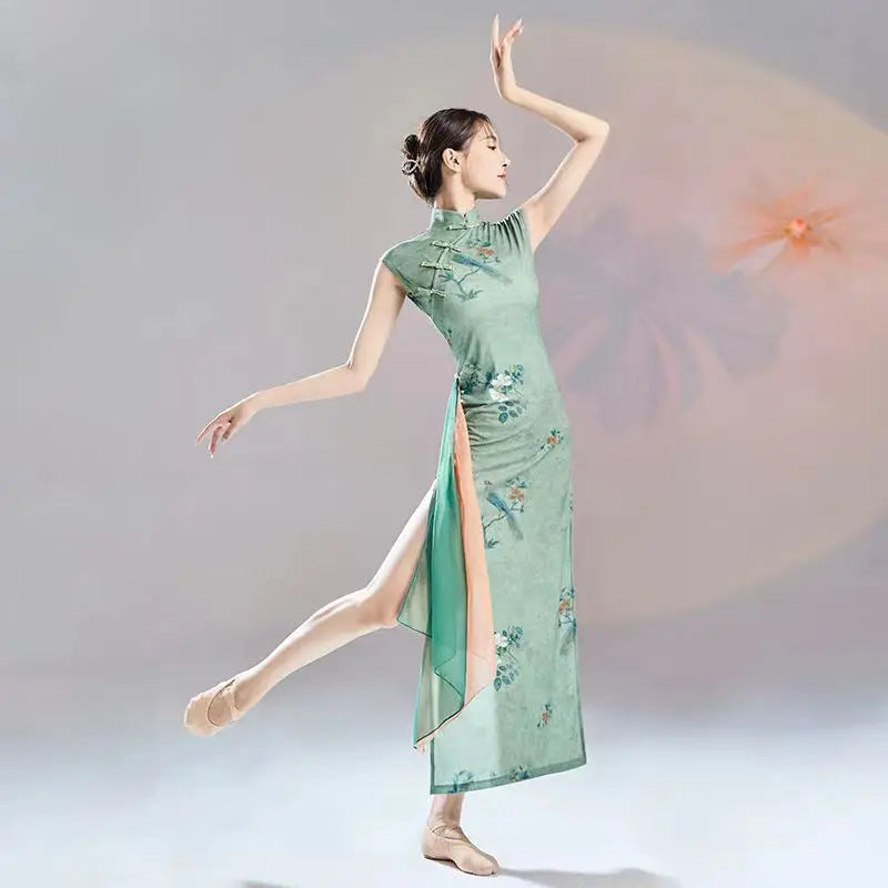 Chinese Dancing Dress Green Cheongsam Dress Modern  Dance Qipao
