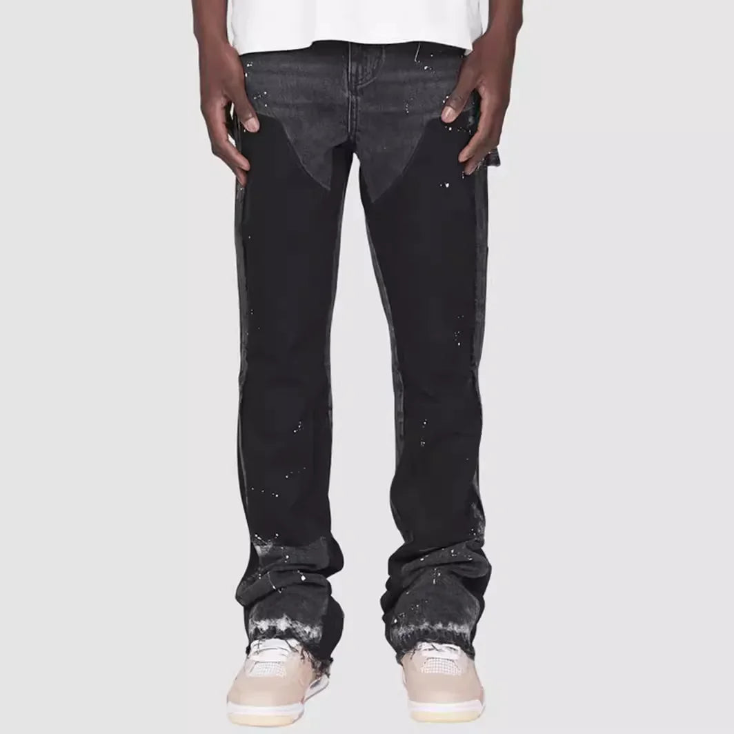 ALLUKASA 2025 Men's Fashion Jeans Work Pants European and American Fashion Workwear Elastic Patchwork Denim Layered Flared Pants