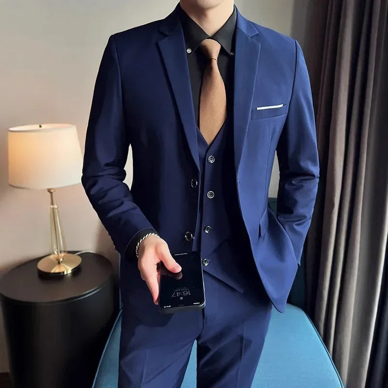 Suit (Blazer+ Vest + Trousers) Multicolor Choices Men's Fashionable Gentleman Business British Style Solid-color Banquet Host Casually Wedding Suit