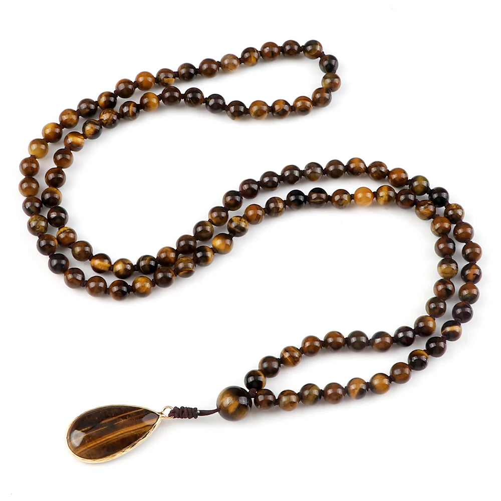 Men 108 Mala Beads Necklaces 6mm Natural Tiger Eye Stone Onyx Beads Prayer Necklace Drop Pendant Women Yoga Jewelry Gift
