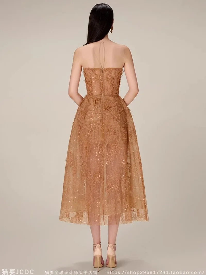 Khaki Lace Dress Women Runway Design 20234 Sleeveless Elegant Clothing Female High Waisted O-neck Evening Dresses