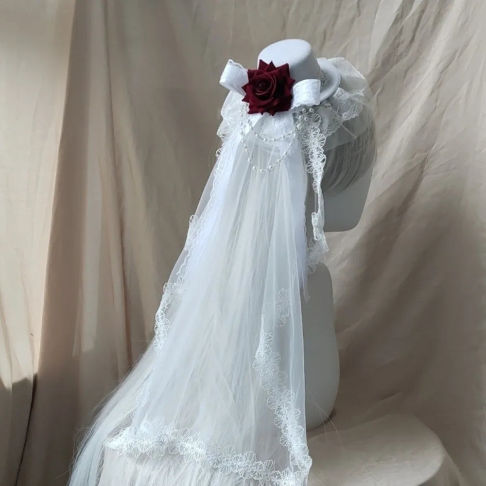 Cherub Flowers Bow Decor Funeral Home Going /Wedding Veil Rose Top Hat Black or White Cosplay Costume Lolita Headdress